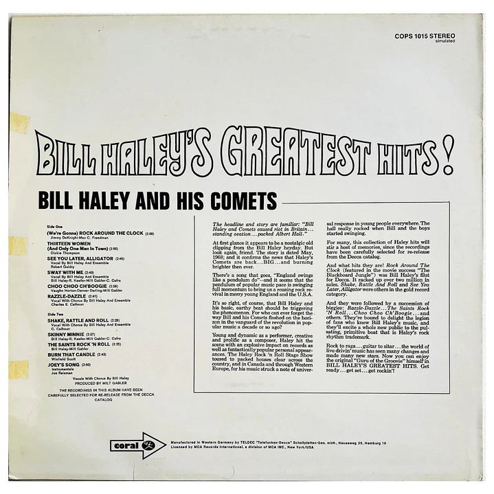 BILL HALEY AND HIS COMETS - GREATEST HITS / VINILO USADO 2