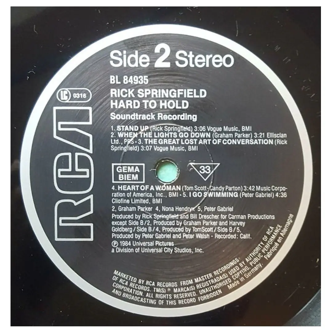 RICK SPRINGFIELD - HARD TO HOLD - SOUNDTRACK / VINILO USADO 6