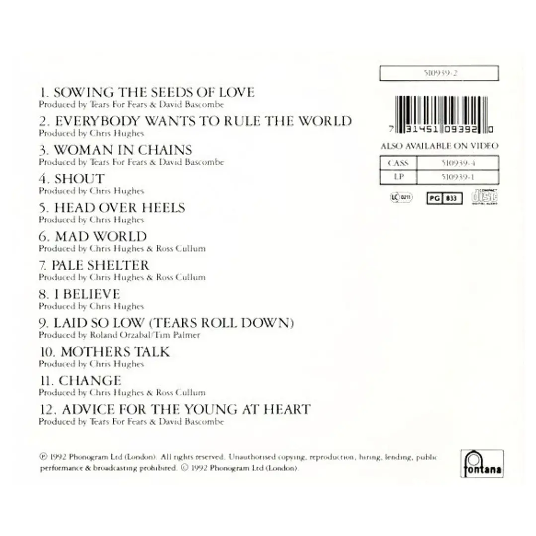 TEARS FOR FEARS - TEARS ROLL DOWN (GREATEST HITS 82-92) / CD USADO 2