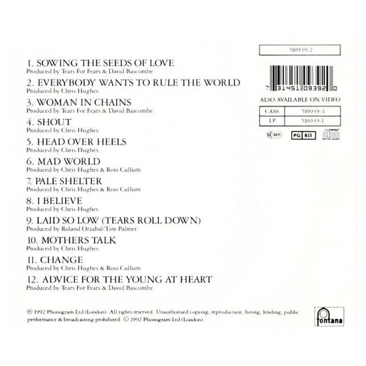 TEARS FOR FEARS - TEARS ROLL DOWN (GREATEST HITS 82-92) / CD USADO 2