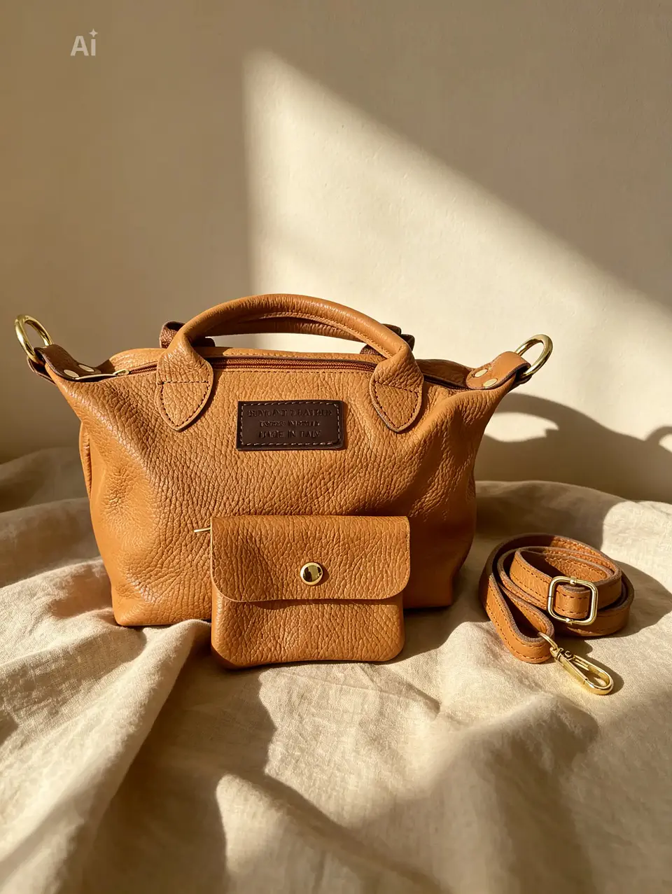Mala Camel em Couro Genuíno com Porta-Moedas 1