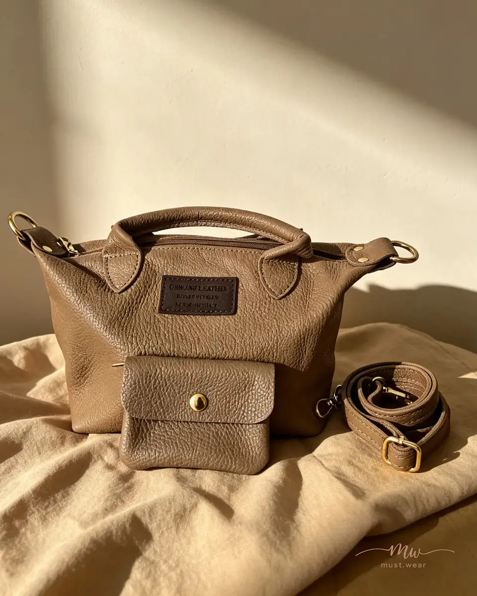 Mala Taupe em Couro Genuíno com Porta-Moedas 1