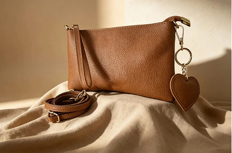 Mala em couro camel com porta-chaves