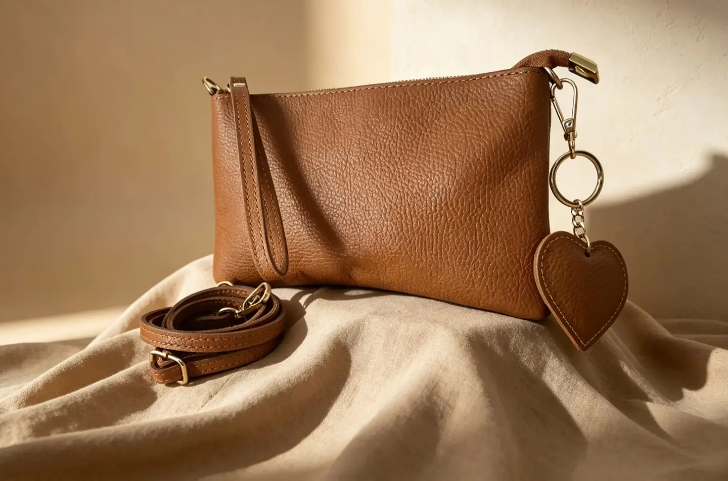 Mala em couro camel com porta-chaves 1