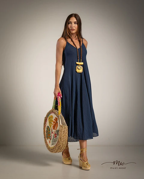 Vestido comprido em linho rústico Siena