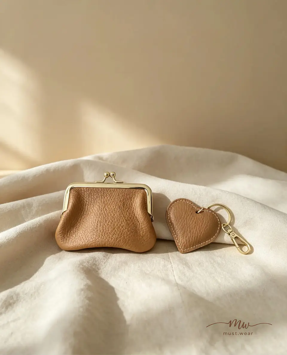 Conjunto porta-moedas e porta-chaves coração em couro camel 1