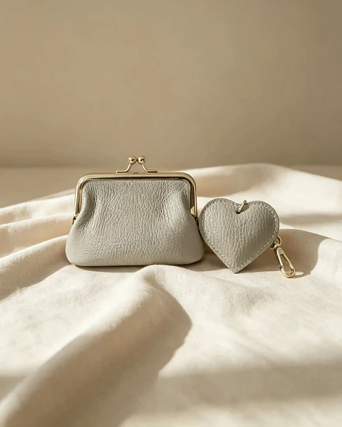 Conjunto porta-moedas e porta-chaves coração em couro taupe 