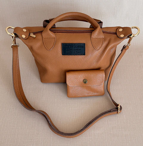Mala + Porta-moedas em Couro Genuíno Camel