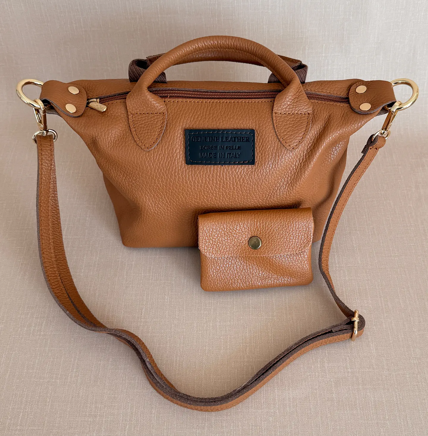 Mala + Porta-moedas em Couro Genuíno Camel 1