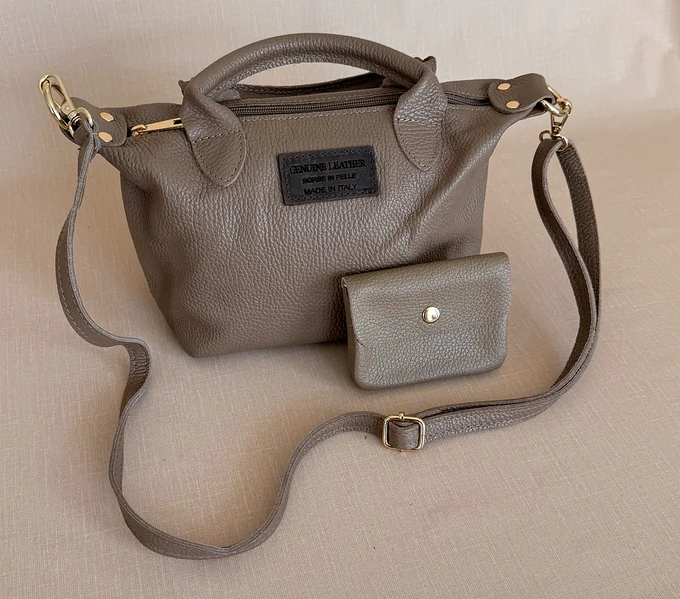 Mala + Porta-moedas em Couro Genuíno Taupe Escuro 1