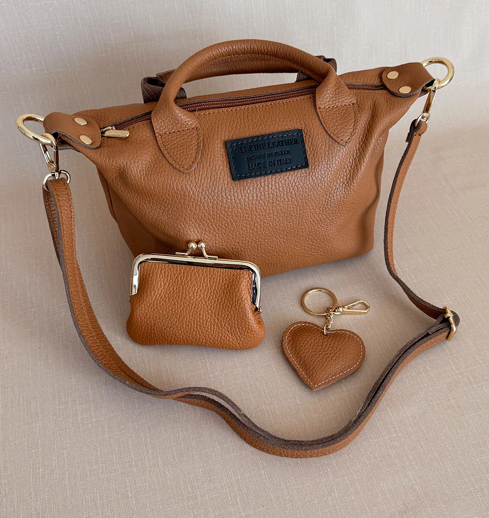 Conjunto Mala + Porta-moedas + Porta-chaves em Couro Genuíno Camel 1
