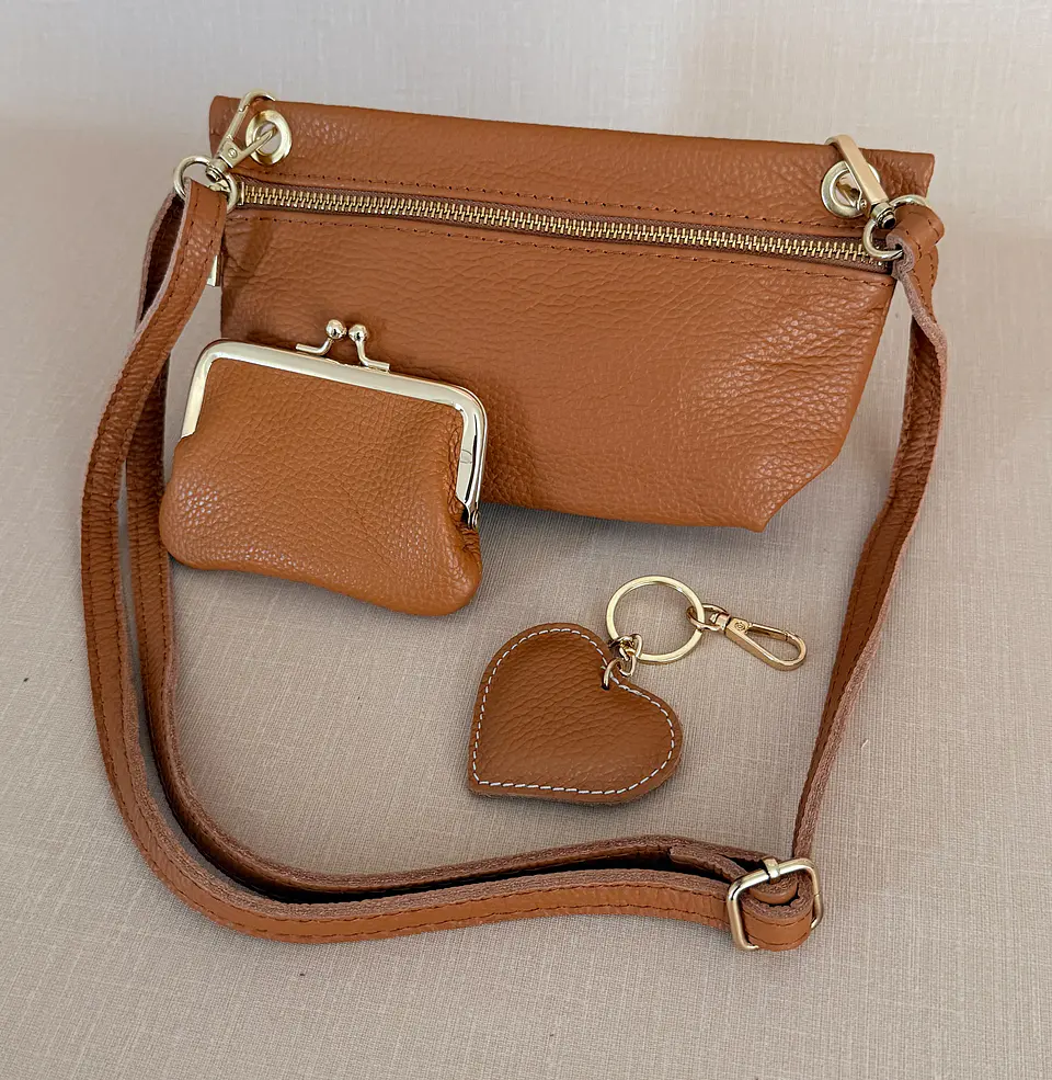 Conjunto Mini Mala + Porta-moedas + Porta-chaves em Couro Genuíno Camel 1