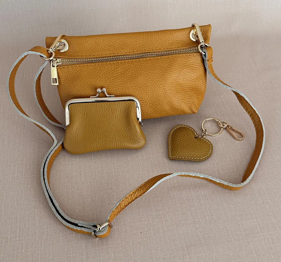 Conjunto Mini Mala + Porta-moedas + Porta-chaves em Couro Genuíno Mostarda 1