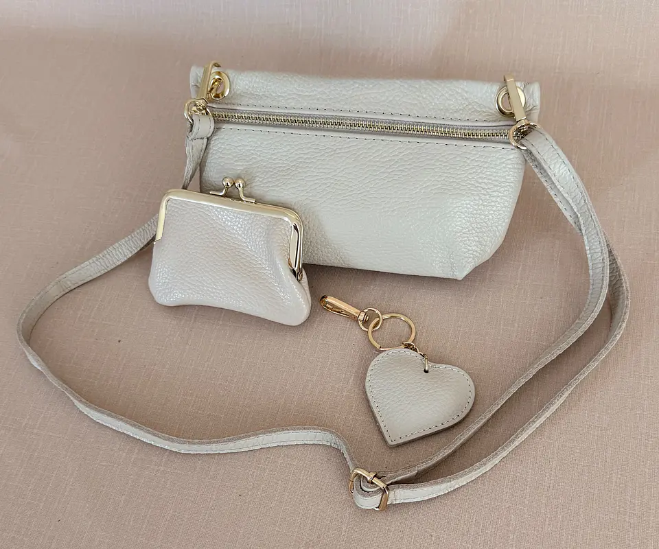 Conjunto Mini Mala + Porta-moedas + Porta-chaves em Couro Genuíno Cru 1