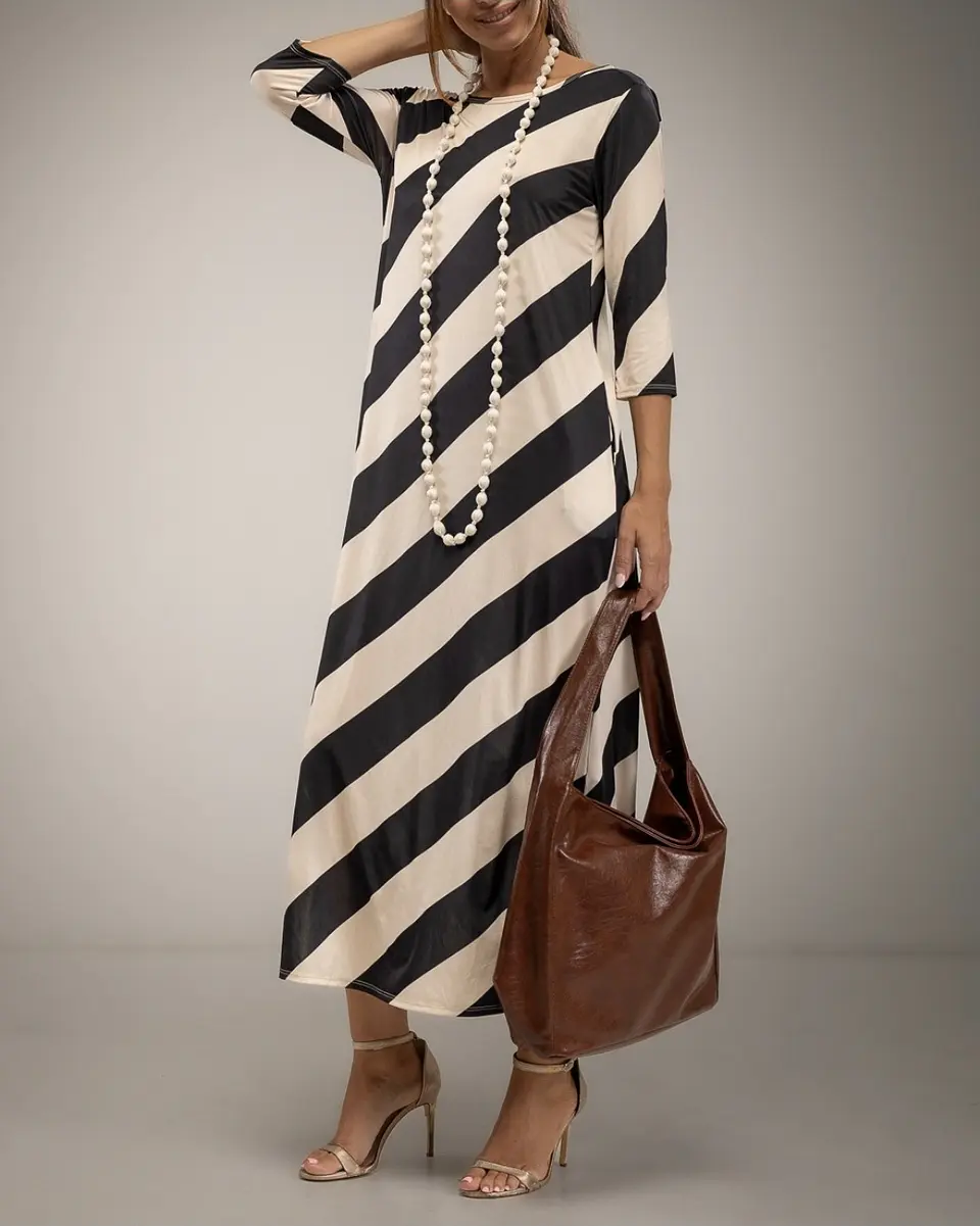 Vestido Comprido às Riscas Siena Preto/Beje 2