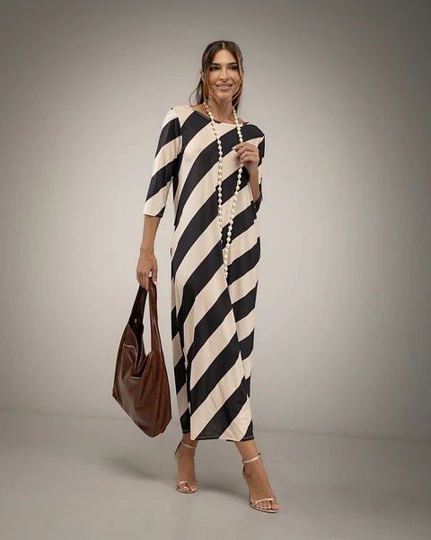 Vestido Comprido às Riscas Siena Preto/Beje
