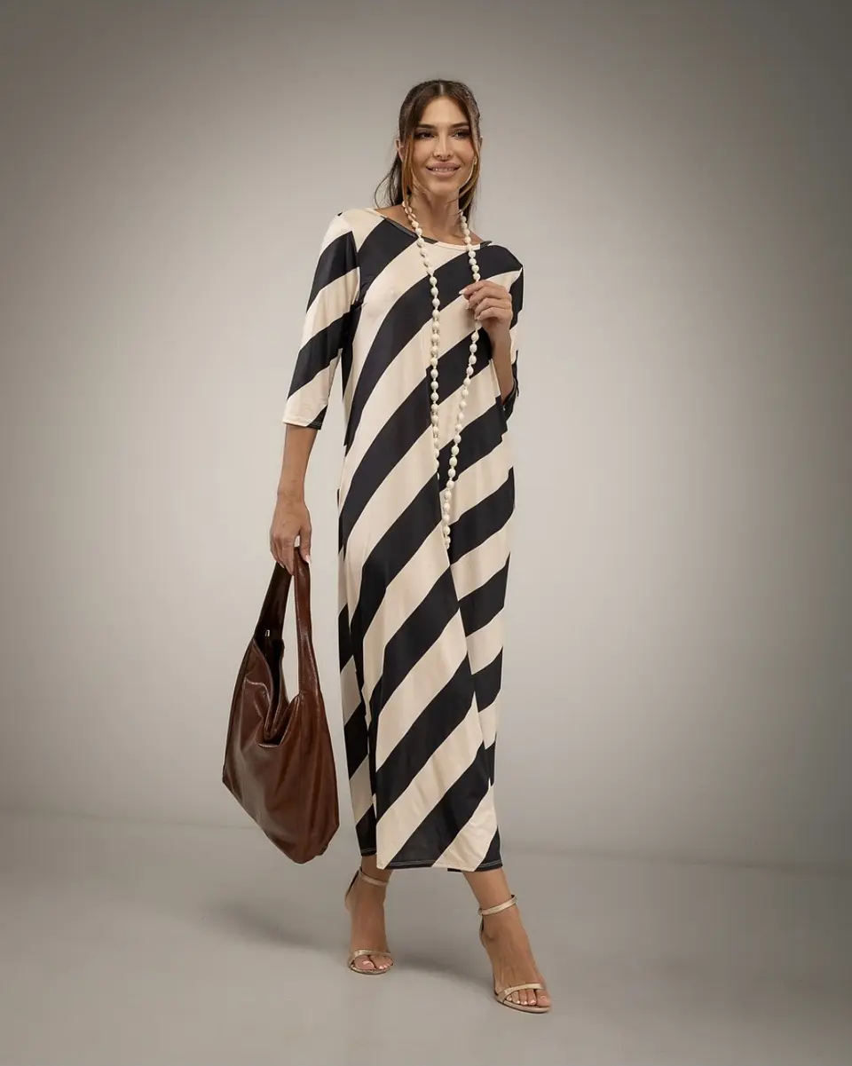 Vestido Comprido às Riscas Siena Preto/Beje 1