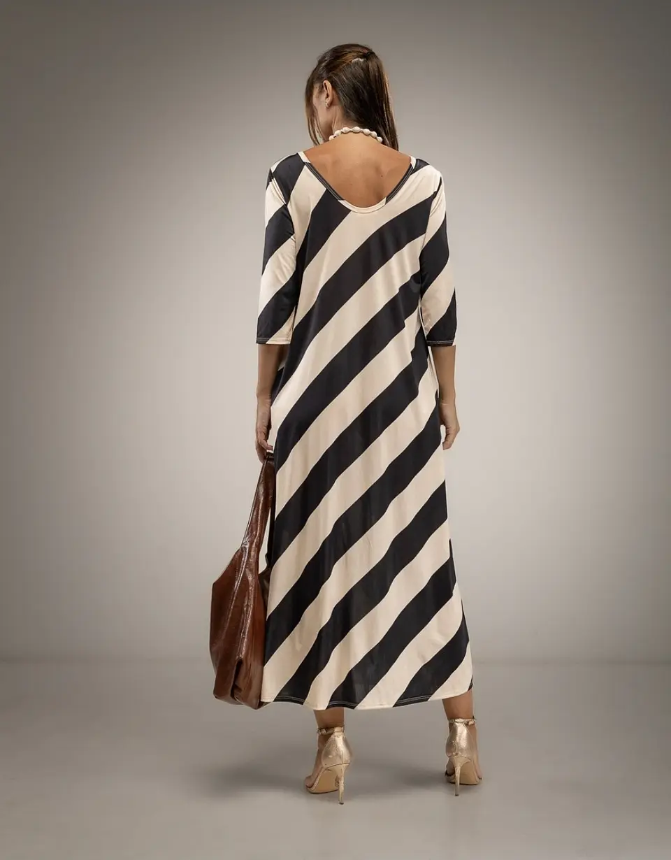 Vestido Comprido às Riscas Siena Preto/Beje 3