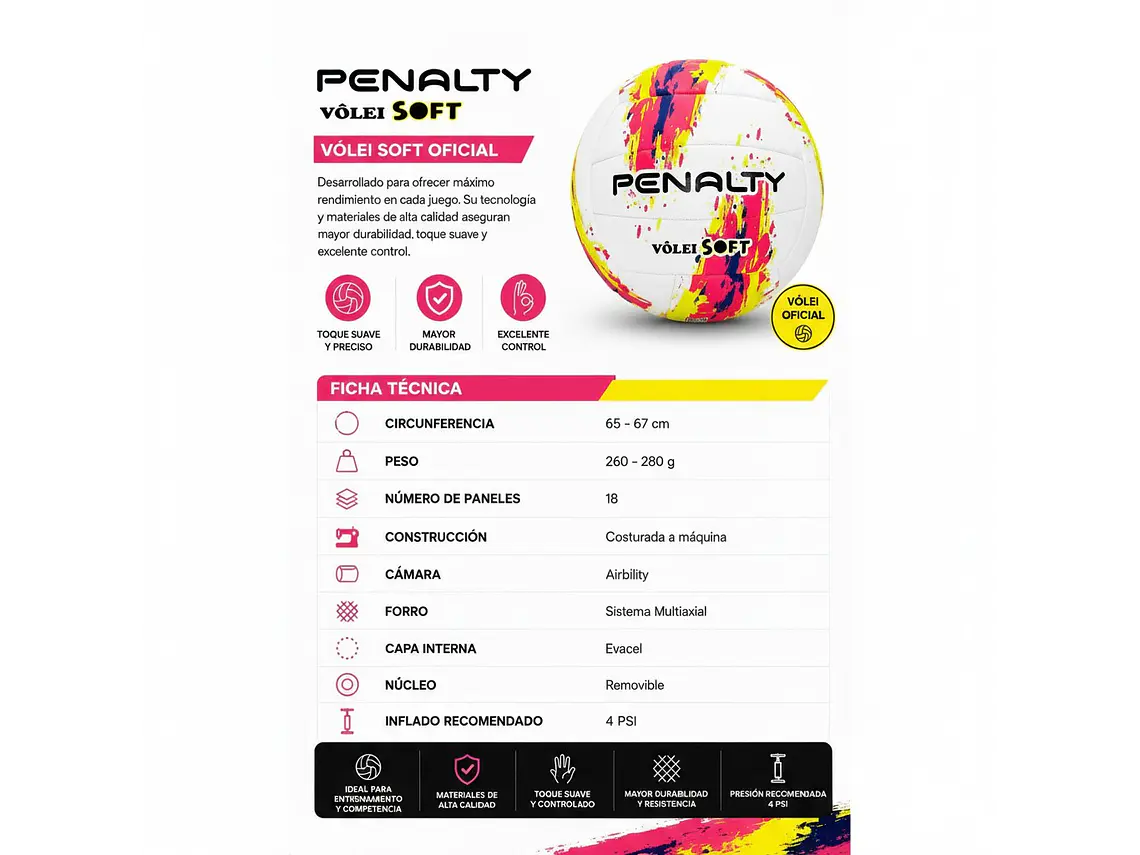 Balón de Voleyball Penalty Soft XXIII Blanco/Rosado 3