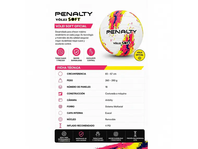 Balón de Voleyball Penalty Soft XXIII Blanco/Rosado 3