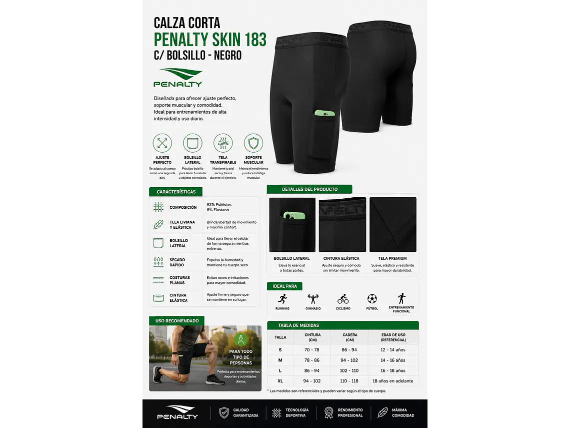 Calza Corta Penalty Skin 183 C/Bolsillo Negro 7
