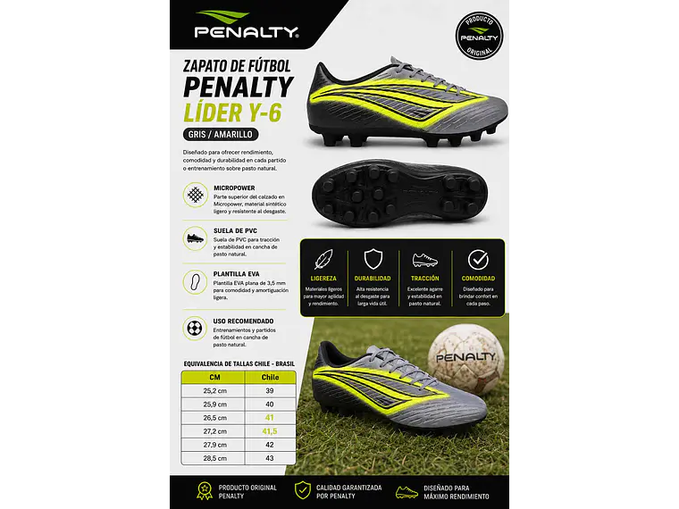 Zapato de Fútbol Penalty Líder Y-6 Gris/ Amarillo 5