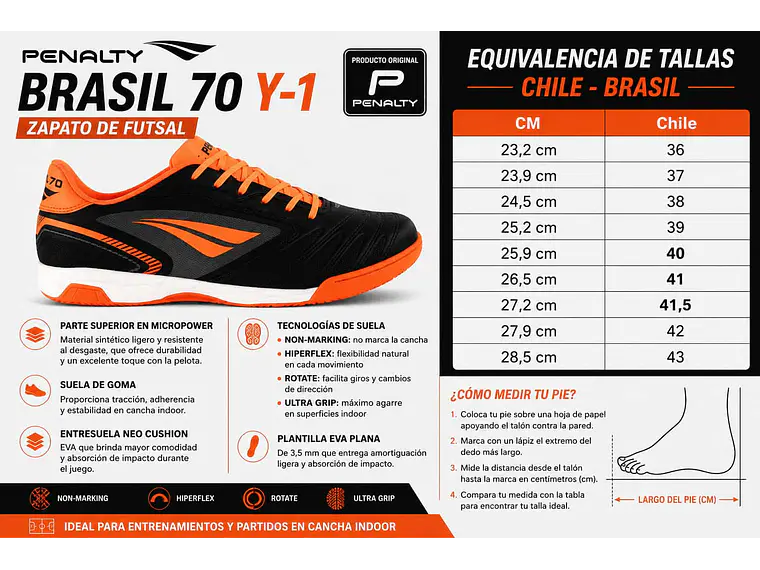 Zapato de Futsal Penalty Brasil 70 Y-1  Negro/Naranjo 6