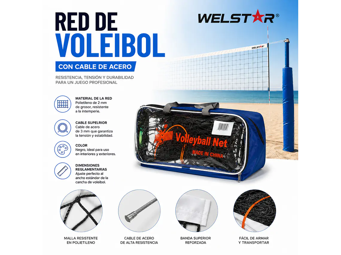 Red de Voleibol Welstar C/Cable de Acero 5