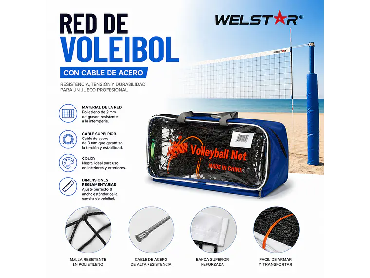 Red de Voleibol Welstar C/Cable de Acero 5