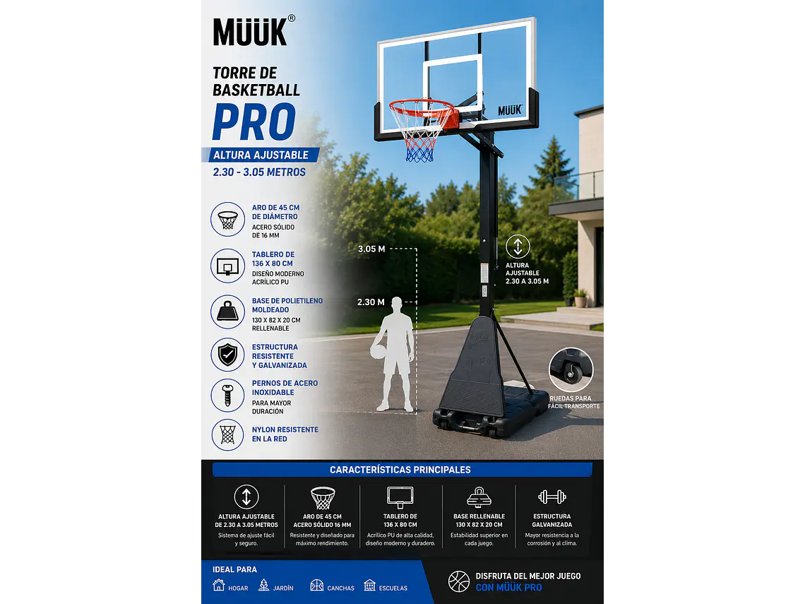 Torre de Basketball Muuk Pro Altura Ajustable 2.30 - 3.05 Metros 4