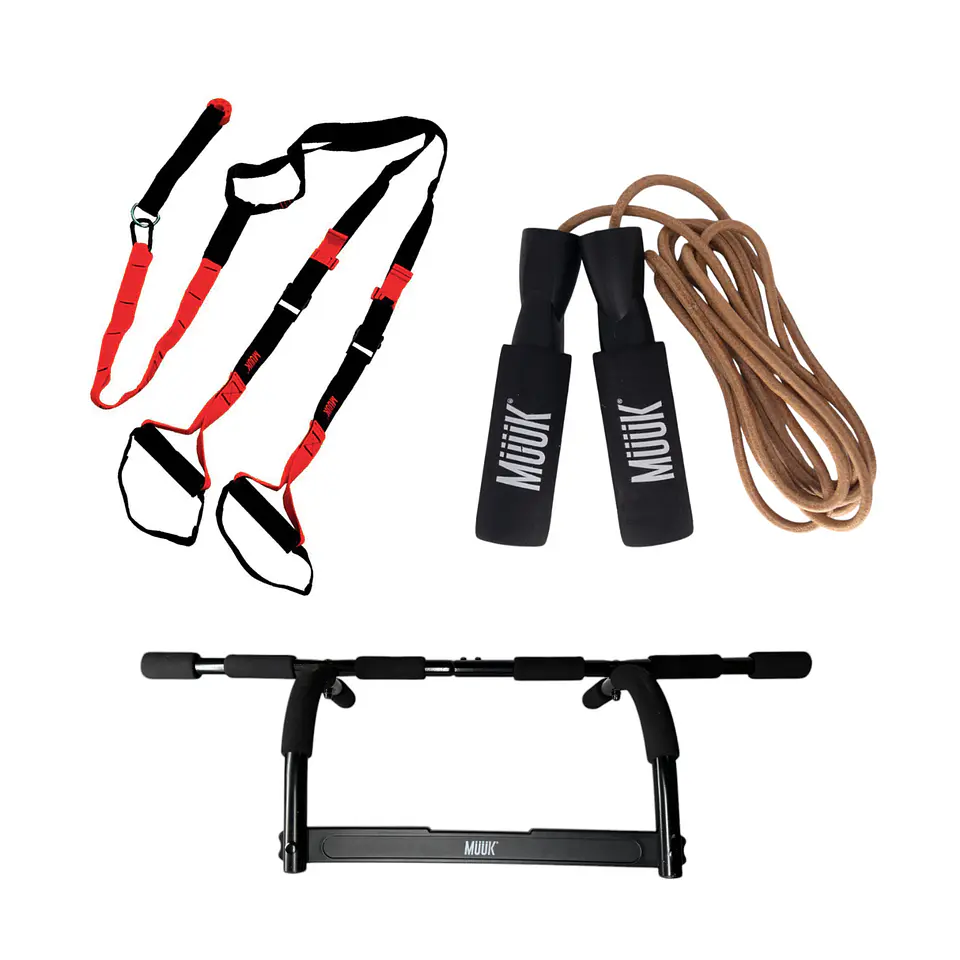 Set barra puerta + TRX + Cuerda de salto cuero 1
