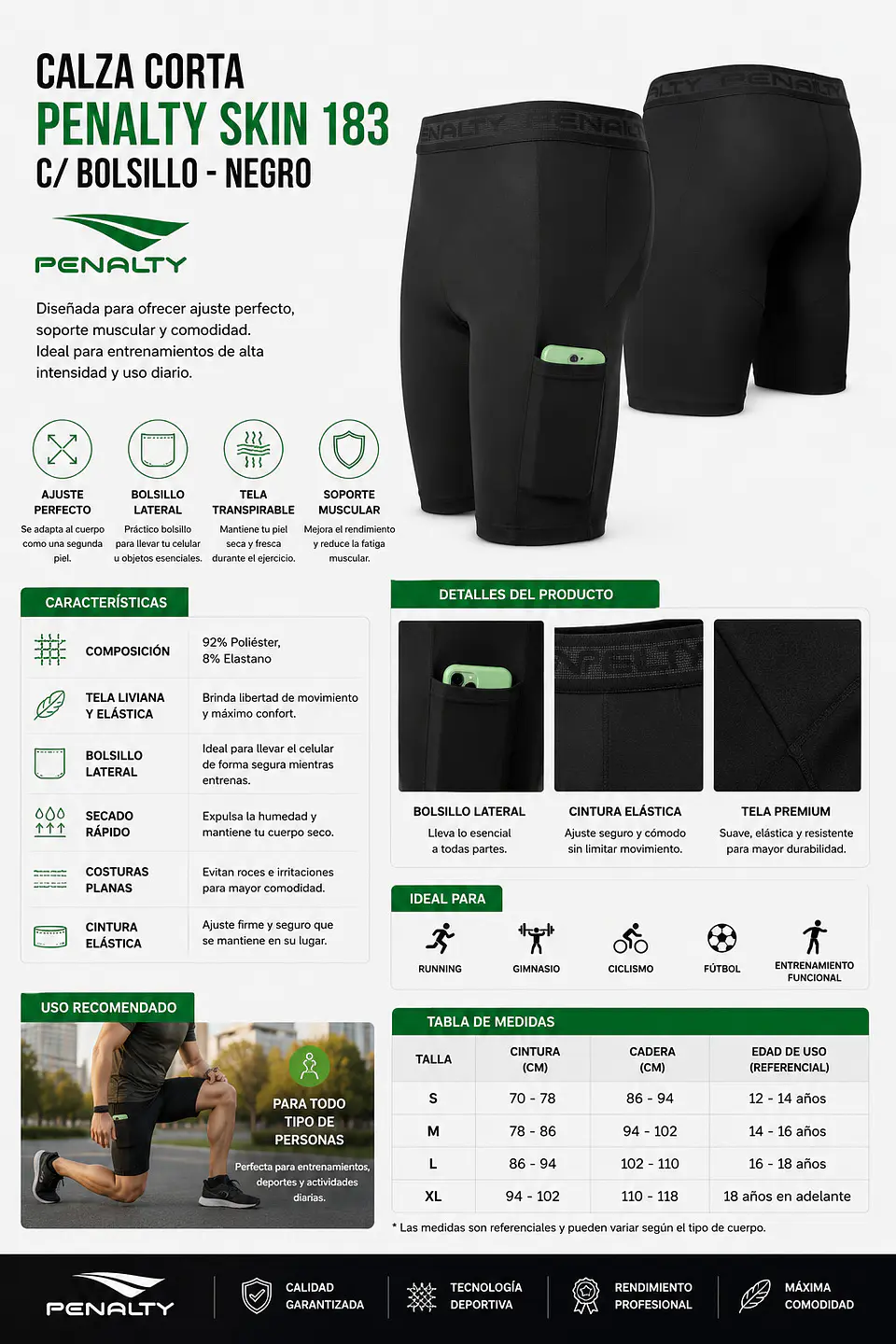 Calza Corta Penalty Skin 183 C/Bolsillo Negro 5
