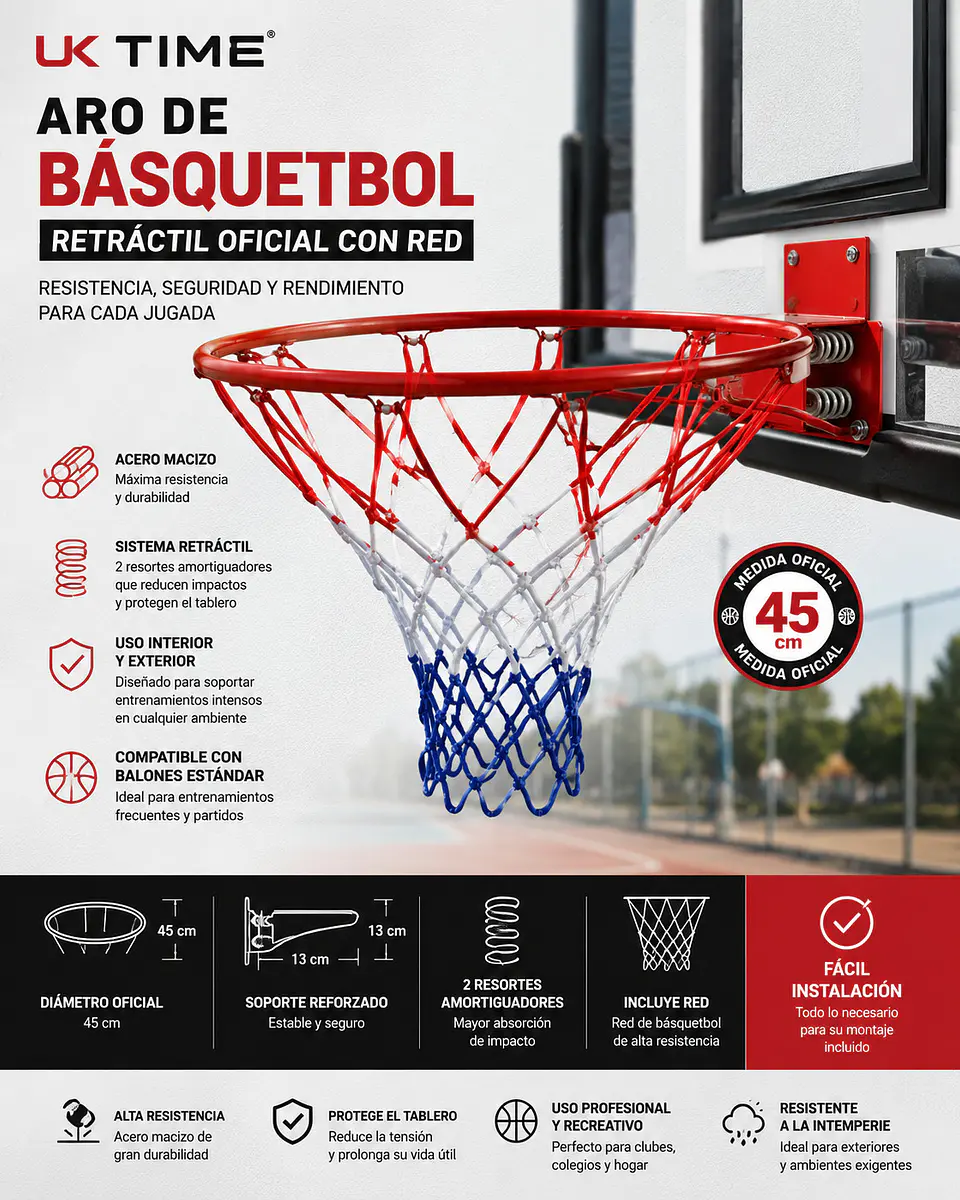 Aro de Basquetbol Uk Time Simple Retractil Oficial con Red 4