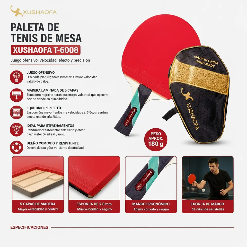 Paleta de Tenis de Mesa Xushaofa T-6008 4