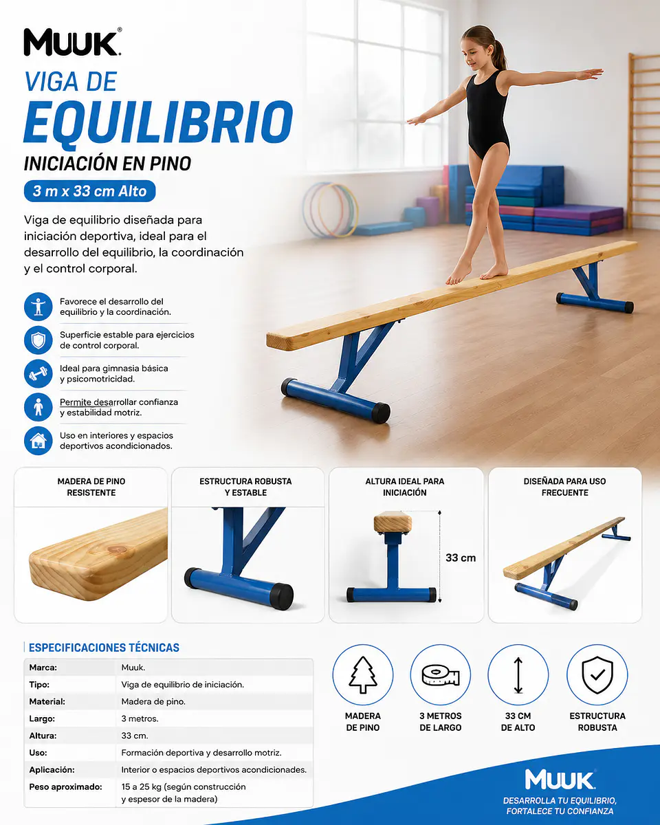 Viga de Equilibrio Muuk Iniciacion en Pino 3 mt x 33 cm Alto 4