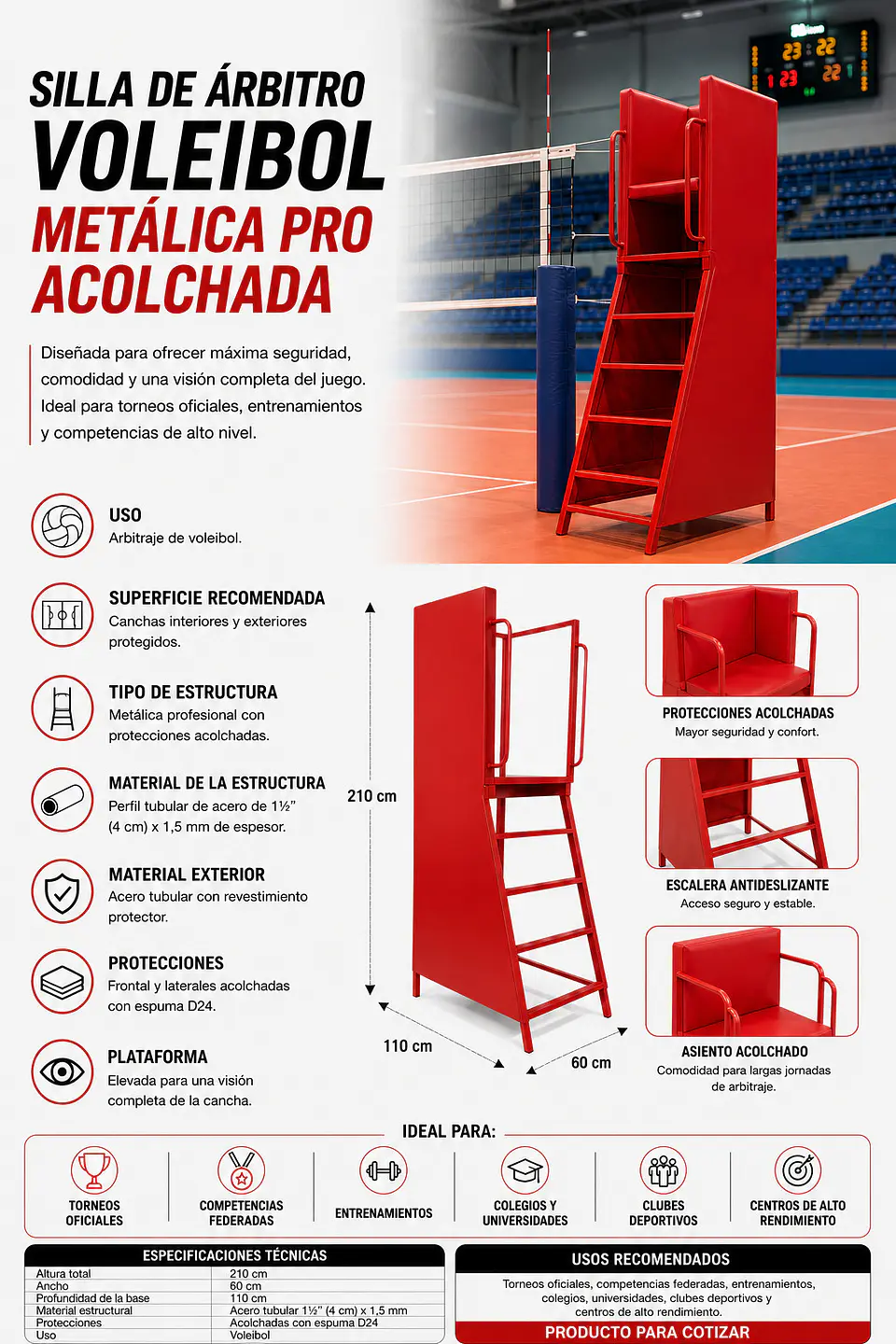 Silla de Arbitro Voleibol Metálica Pro Acolchada 4