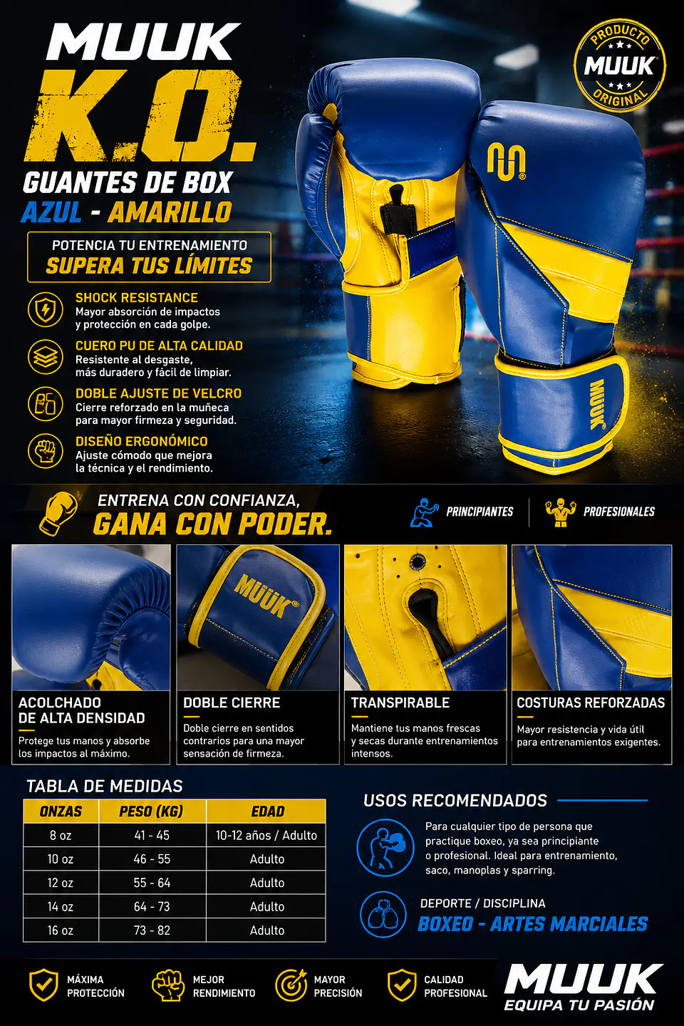 Guante De Box Muuk PU K.O. Azul-Amarillo 14