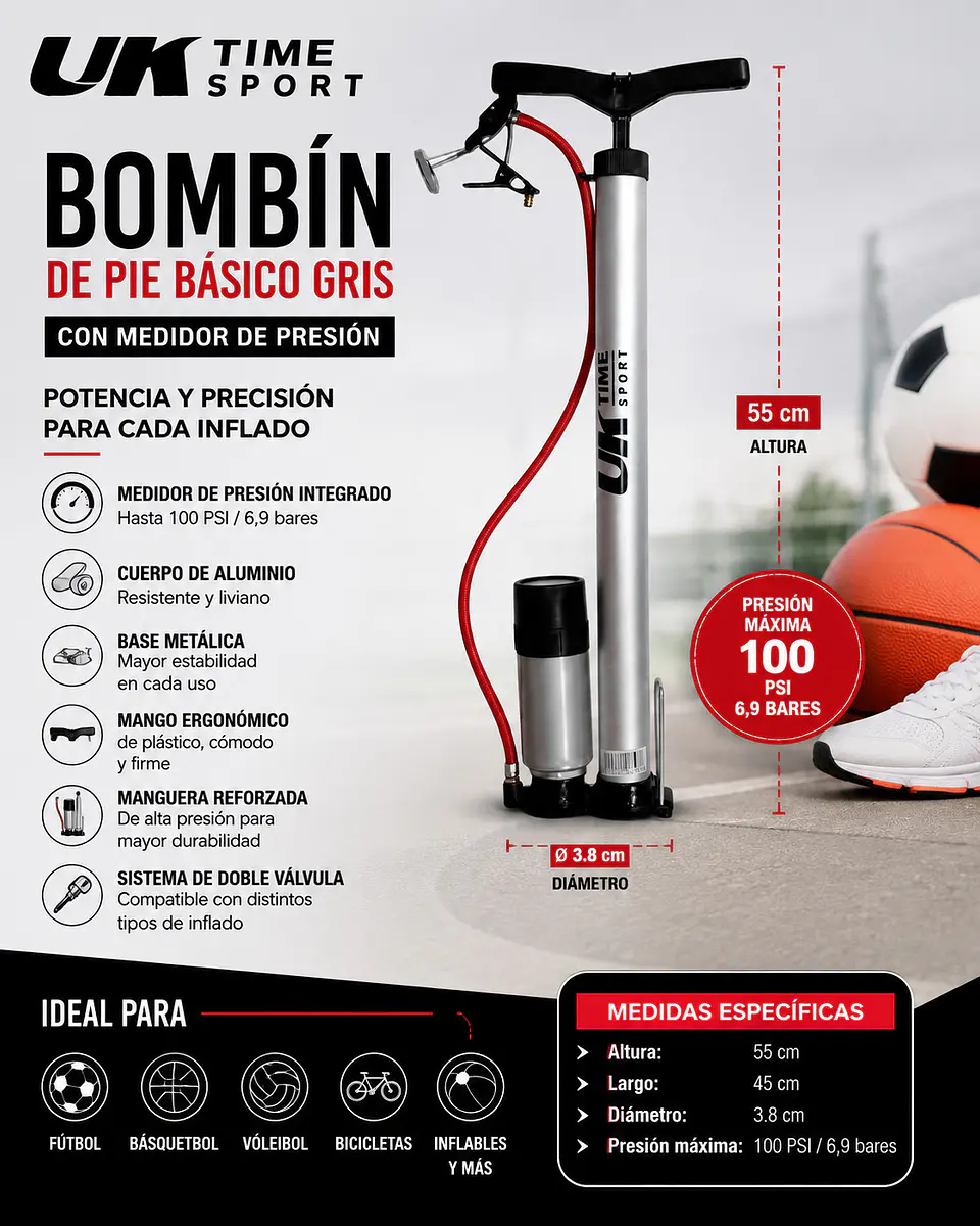 Bombin de Pie Uk Time Basico Gris con Medidor de Presion 4