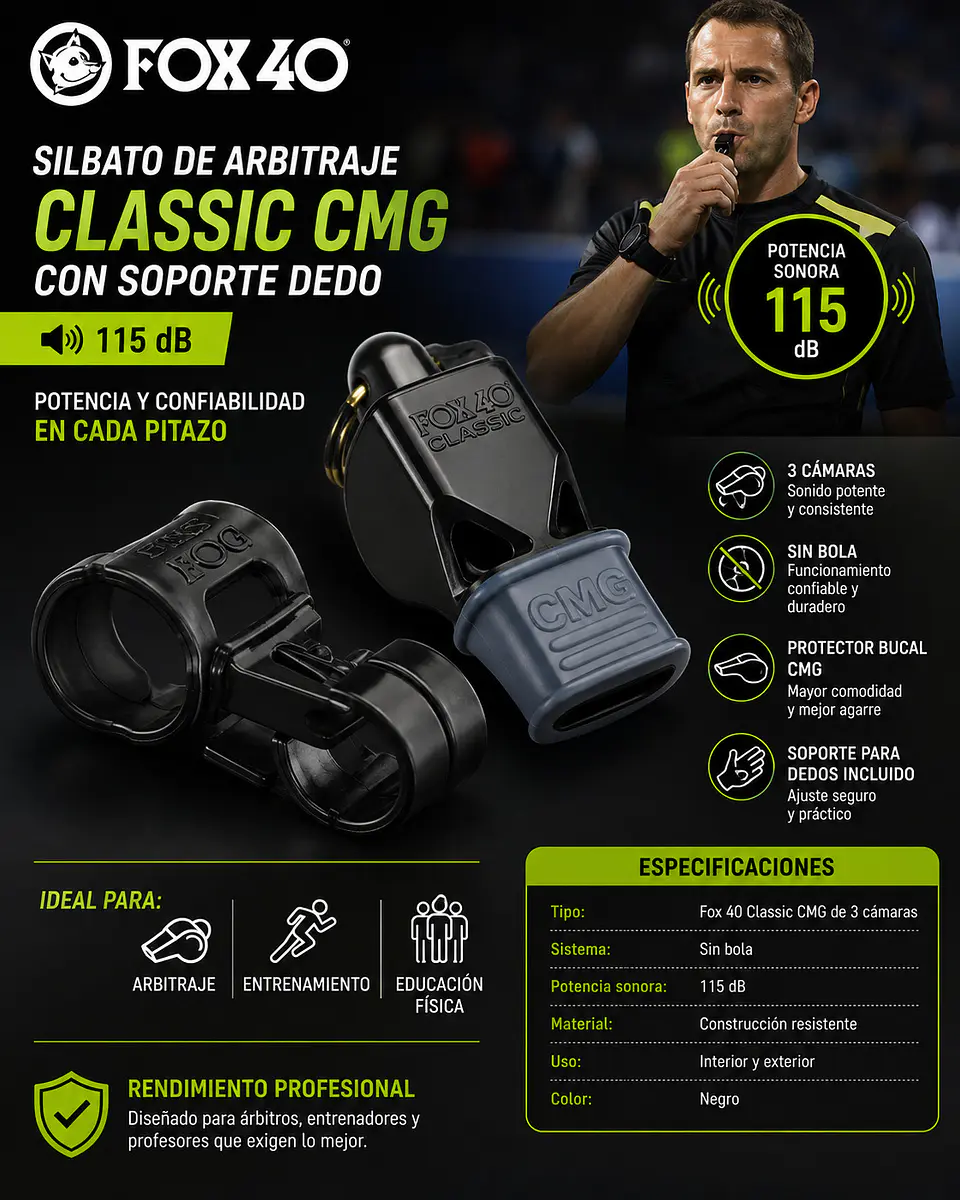 Silbato de Arbitraje Fox 40 Classic Cmg con Soporte Dedo 115 Db 4