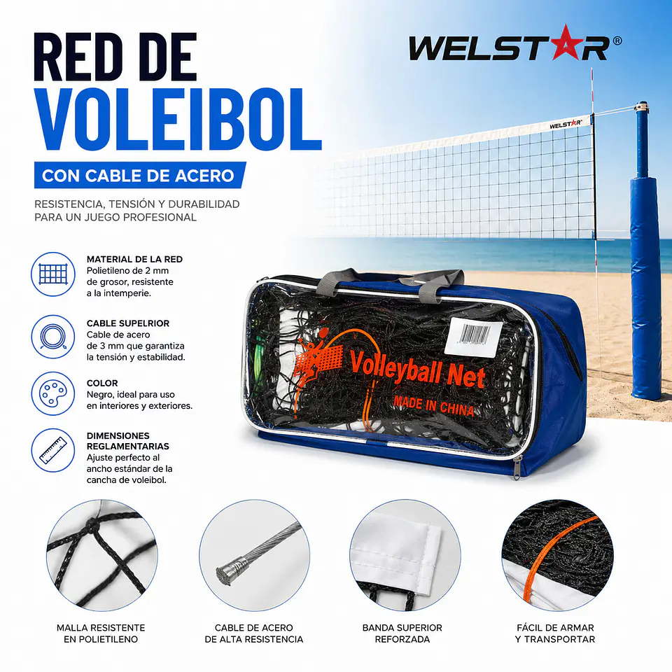 Red de Voleibol Welstar C/Cable de Acero 5