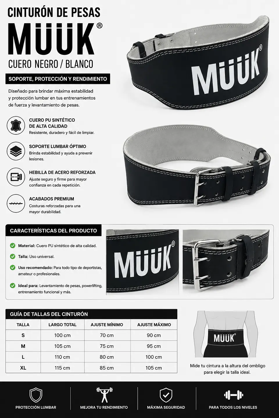Cinturón De Pesas Cuero Muuk Negro/Blanco 5