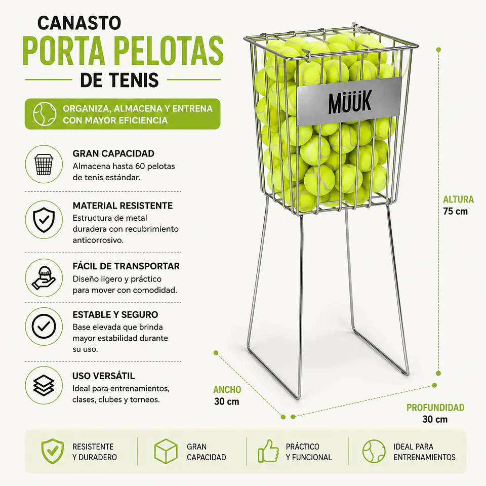 Canasto de Tenis Muuk Recup. Pelotas Sin Ruedas 5