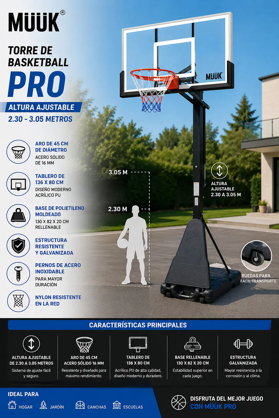 Torre de Básquetbol Muuk Pro Altura Ajustable 2.30 - 3.05 Metros 4