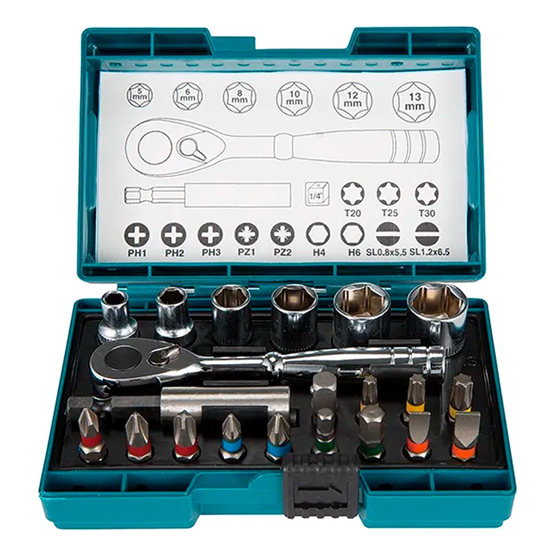 Juego De Dados 1/4 + Puntas Makita 21 Piezas B-54081 1