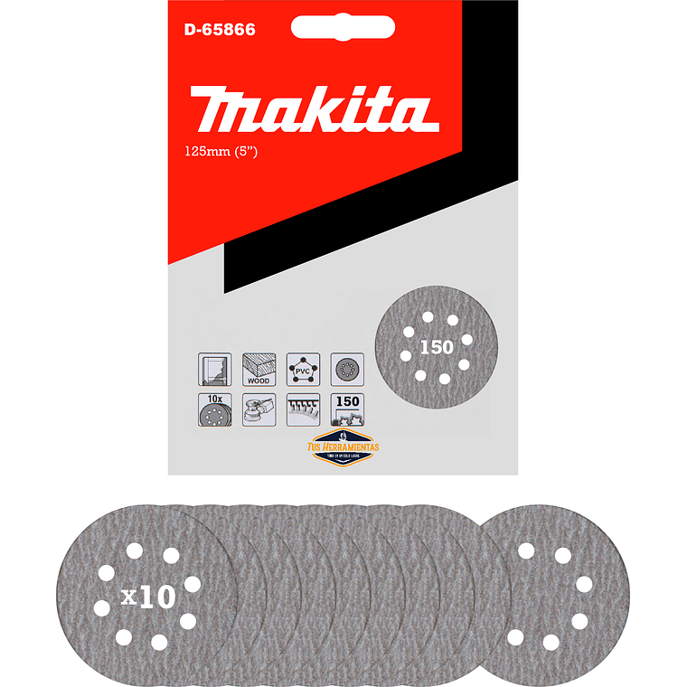 Discos Lija Velcro (10u) 125mm 5'' Grano 150 Makita D-65866 2
