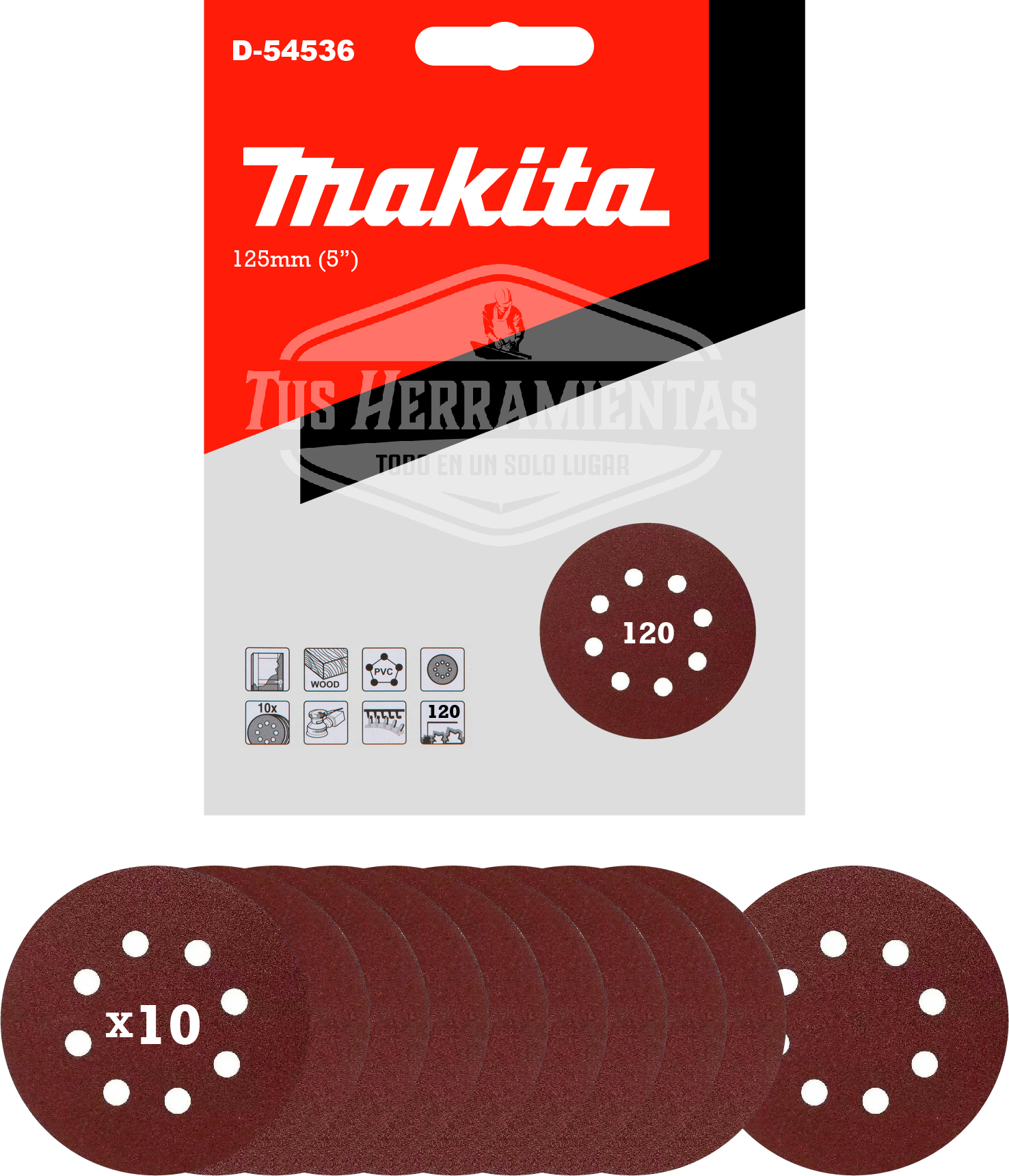 Discos Lija Velcro (10u) 125mm (5) Grano 120 Makita D-54536
