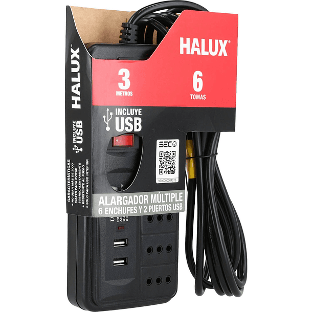Alargador 6 tomas con 2 puertos USB e interruptor On Off 3 m 3