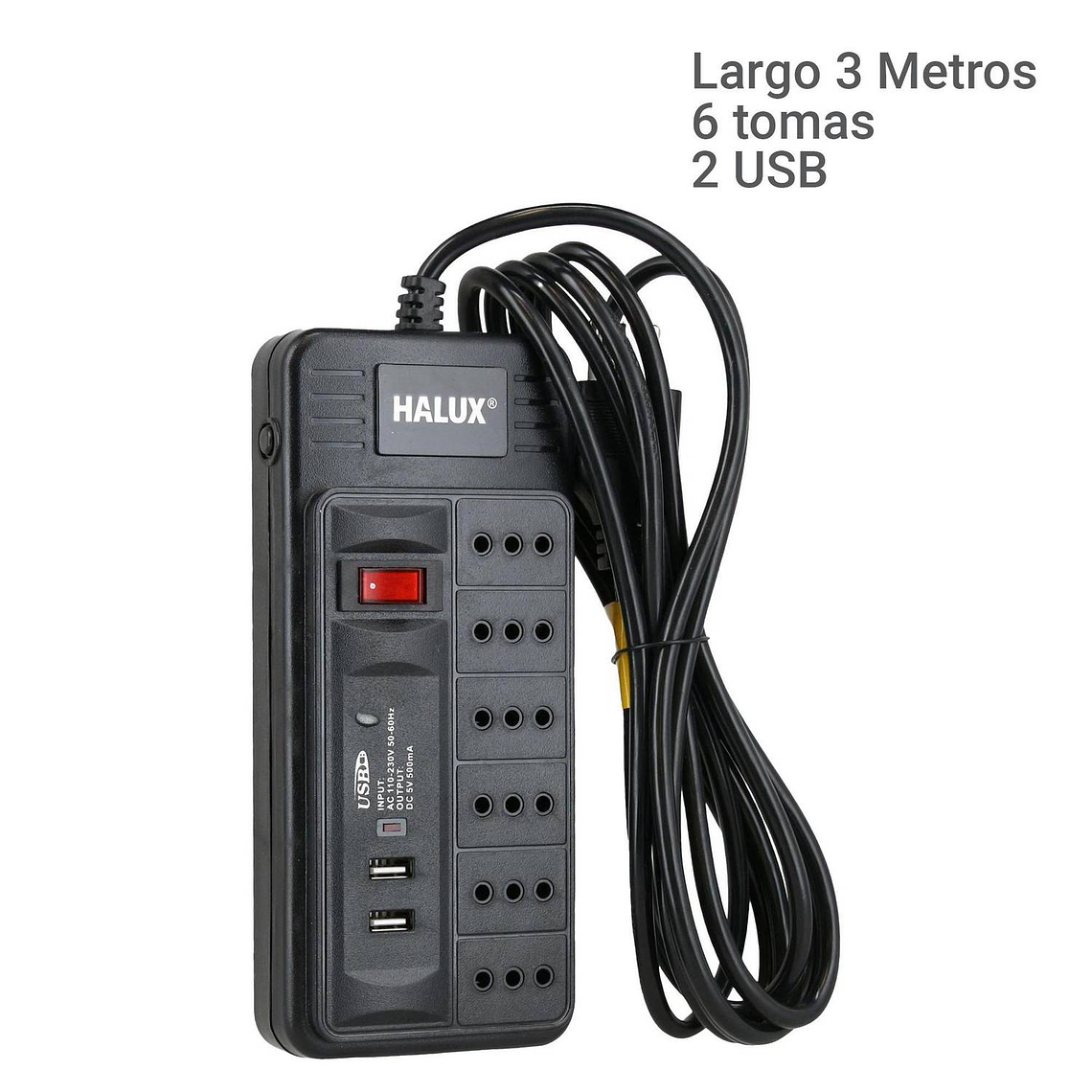 Alargador 6 tomas con 2 puertos USB e interruptor On Off 3 m 6