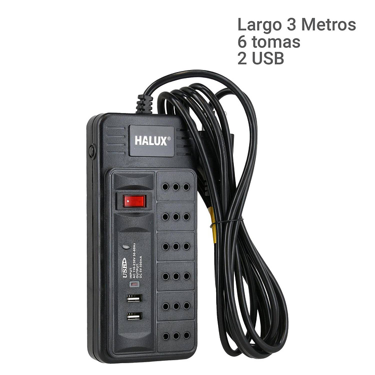 Alargador 6 tomas con 2 puertos USB e interruptor On Off 3 m 6