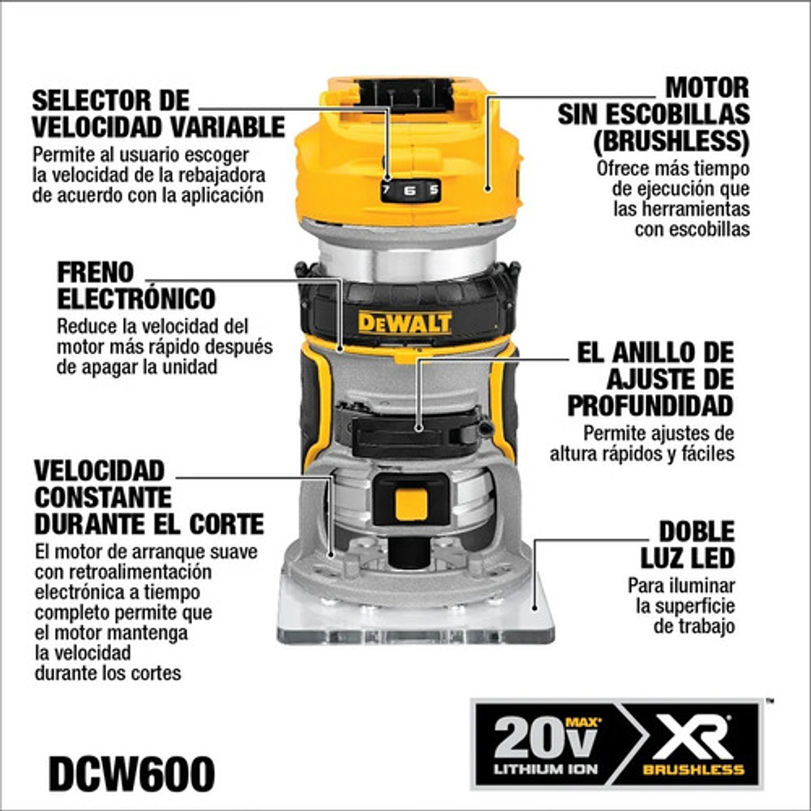 Router Compacto Inalámbrico 20v Max XR Brushless DCW600B 2